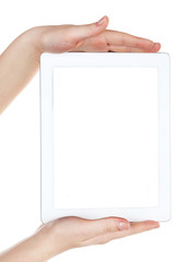 Hands holding tablet pc isolated on white