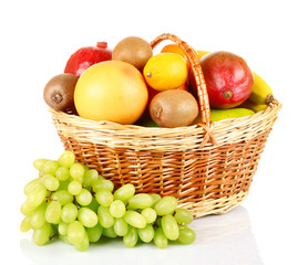 Assortment of fruits in basket isolated on white