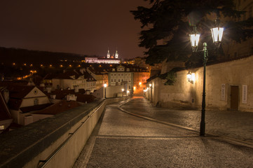 Views of the City of Prague at night.