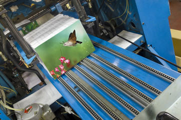 Book production line in modern print house wide shot