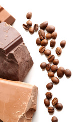Chocolate bars with coffee beans isolated on white