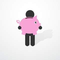 Simple black silhouette of a man with pink piggy piggy banks