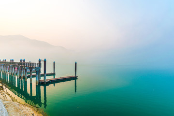 Sun Moon Lake at morning with fog