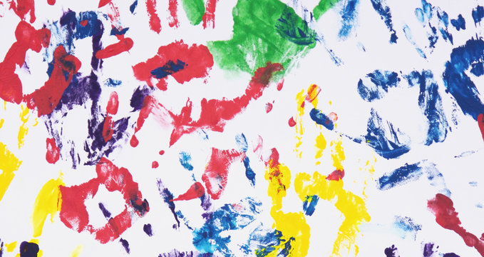 colorful handprints on the white background