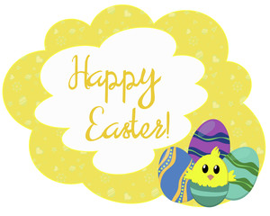Yellow patterned Easter card with greetings, eggs and chicken
