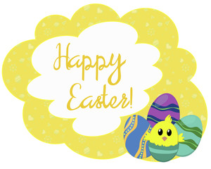 Fototapeta premium Yellow patterned Easter card with greetings, eggs and chicken