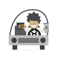 Man is driving and eating burger and drinking coffee