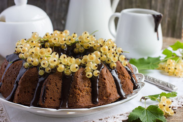 chocolate cake decorated chocolate glaze and white currant