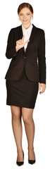 Young girl dressed suit presses forefinger in the empty space