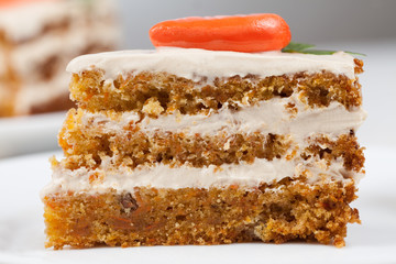 Piece of tasty homemade sponge cake on white dish