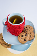 Blue cup with red knitted cover and cookies with chocolate