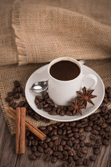 Coffee cup with burlap sack