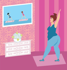obese woman doing home exercises while watching program on telev