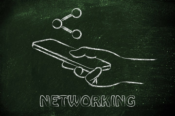 hand holding mobile phone, networking and content sharing