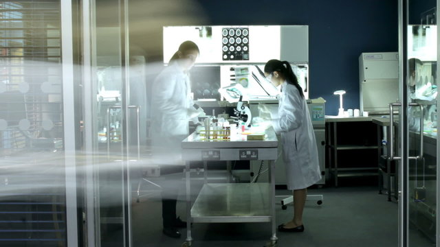 Time lapse of busy medical researchers working