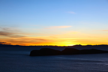 Fototapeta na wymiar Sunset over Lake Titicaca seen from Isla del Sol, Bolivia