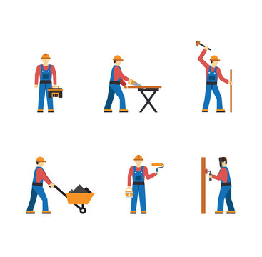 Construction worker people silhouettes icons flat set isolated