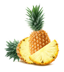 Pineapple behind and pieces isolated on white background