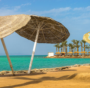 Beach umbrellas on a tropical island