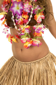 Hawaiian woman in coconut bra and grass skirt body