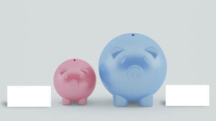 two piggy banks with blank white card