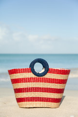 striped wicker beach bag