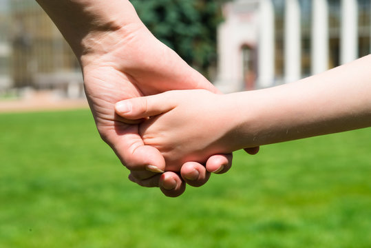 female hand holding a baby in the park