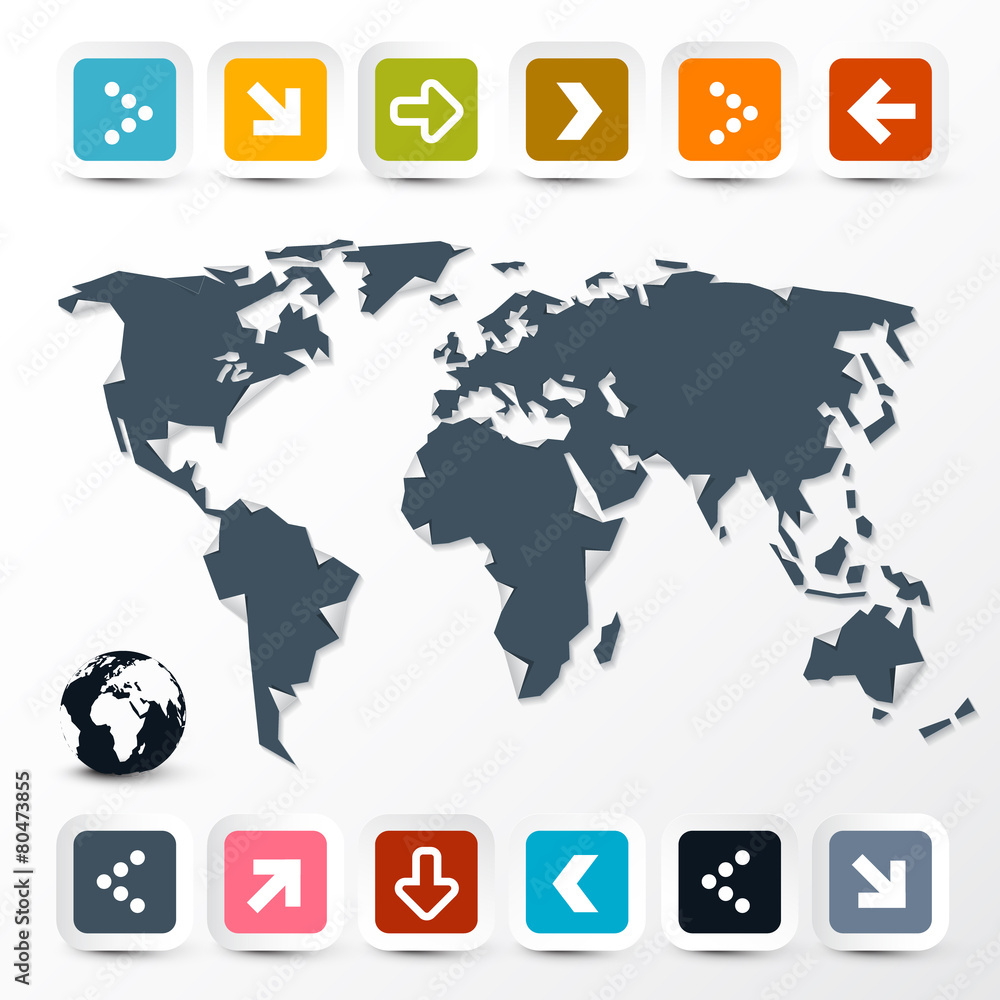 Poster vector world map with paper colorful arrows on light background