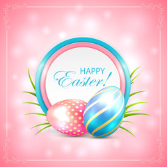 Easter card with eggs on pink background