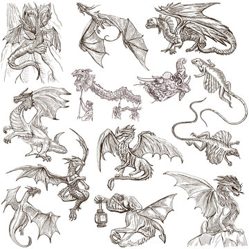Dragons. An hand drawn freehand sketches. Originals.