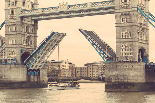 Tower Bridge In London With Drawbridge Open