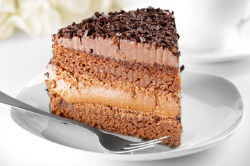 Delicious chocolate cake on plate on table on light background