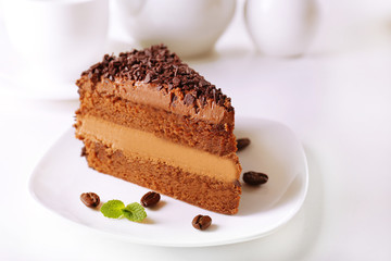 Delicious chocolate cake on plate on table on light background