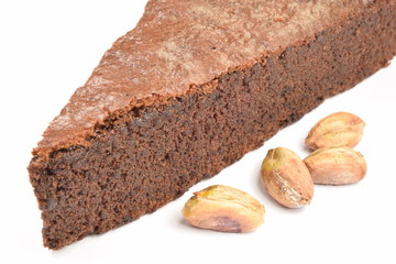  Sweet and tasty chocolate cake on a white background.