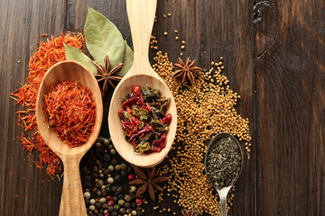 Different kinds of spices in spoons, close-up,