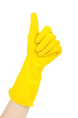 Rubber glove on hand, isolated on white