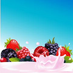 forest fruit with yogurt splash - vector illustration
