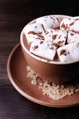Cup of cocoa with marshmallows on wooden table, closeup