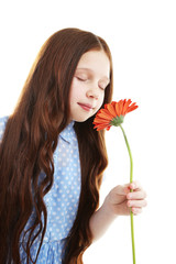 Beautiful little girl with flower, isolated on white