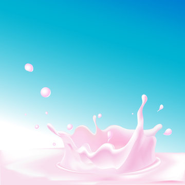 pink splash of yogurt - vector illustration on blue