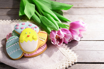 Delicious Easter cookies on table close-up