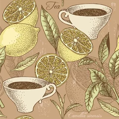 Tapeten Tee Vintage Tee und Zitrone nahtloser Hintergrund