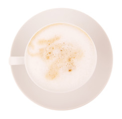 Coffee cup with cappuccino on brown background