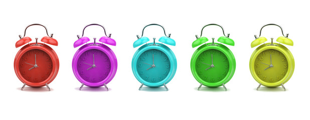 Colorful alarm clocks, isolated on white background