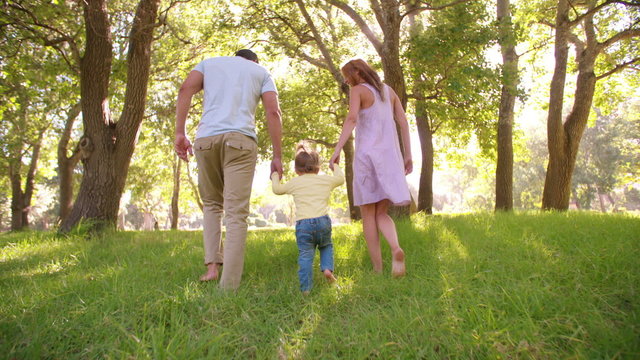 Young family holding hands and wallking in a sunny park