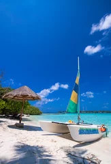 Stickers pour porte Caraïbes Catamaran sur une magnifique plage tropicale