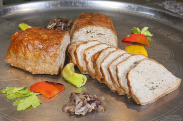 Leberkase meat speciality at a restaurant buffet