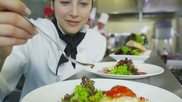 Delicious gourmet dish is being given the finishing touches by the chef