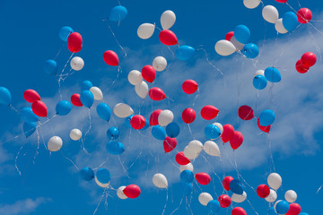 Colored balloons fly in the sky