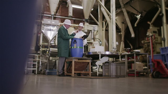 Workers in a coffee processing factory checking the quality of the product